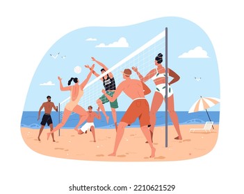 Summer Beach Volleyball. Young People Friends Playing Volley Ball With Net On Sand Court At Sea Shore, Seaside On Summertime Holiday. Flat Graphic Vector Illustration Isolated On White Background