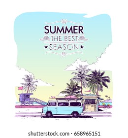 Summer beach walkway. Vector card. Sketch style.