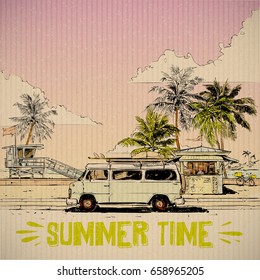 Summer beach walkway. Vector card. Sketch style.