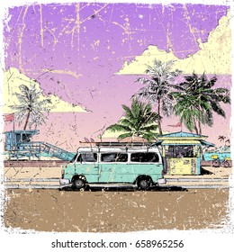 Summer beach walkway. Vector card. Sketch style.