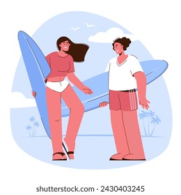 Summer beach and water sport activities. Young couple surf man and woman holding their surfboards. Enjoying summer time, vacation, holidays, flat design vector character cartoon illustration.