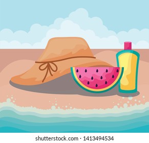 summer beach with watermelon and set icons