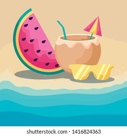 summer beach with watermelon and set icons