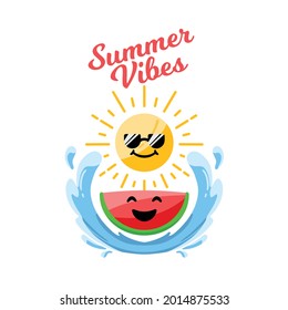 SUMMER BEACH WATERMELON, WAVE, AND SUN CUTE CARTOON