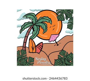 Summer beach wave with palm trees, mountains and sunset for t shirt print. Stylized vector of a tranquil seaside landscape for summer travel and vacation. 