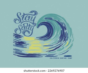 summer beach wave watercolor vector design, watercolor effect typography for women graphic t print, ocean wave with surfing board