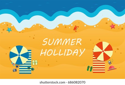 Summer beach with waves and beach accessories. Umbrellas, beach 