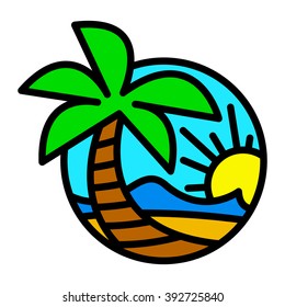Summer Beach Waves Ocean Palm Tree Tropical Holiday Vacation vector icon