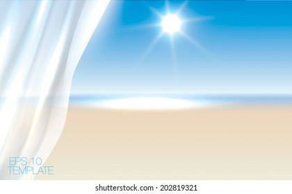 Summer beach with white curtains. Editable template.