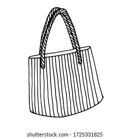 Summer beach wicker bag doodle icon. Vector line illustration isolated on white background. Eco bag concept.