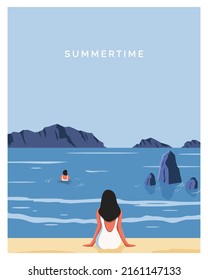 Summer beach women swimming and having sunbed vector illustration background with colored style.