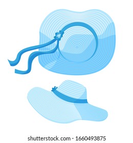 Summer beach women's hat, blue with wide brim. Vector image in the cartoon style, isolated on a white backgroun