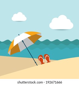 Summer Beach With Yellow Umbrella. Flat Design.