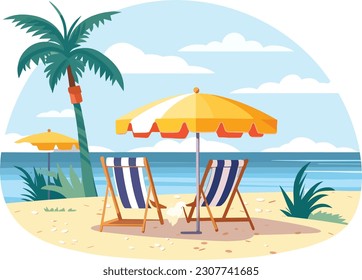 Summer beach with yellow umbrella and red bench. palm tree and Sea Background. Hot Flat design.