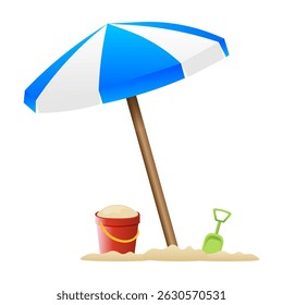 Summer beach.Beach umbrella with toys. Vector illustration
