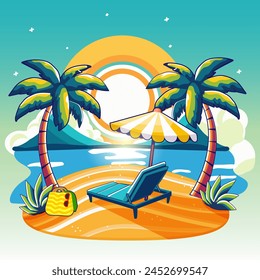 Verano en la playa. Dibujos animados playa de verano para el diseño de Fondo de pantalla. Cartel, Anuncio, volante, Plantilla. Fondo tropical de la playa del verano. Concepto de Vector. Cartel del Vector publicitario. Fondo de pantalla de dibujos animados.