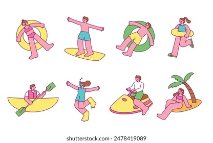 Summer beachgoers are enjoying their vacation with leisure activities.  outline simple illustration.
