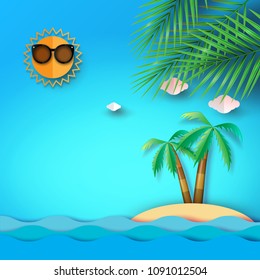 Summer beach,sea and island background with coconut tree.Paper art vector illustration