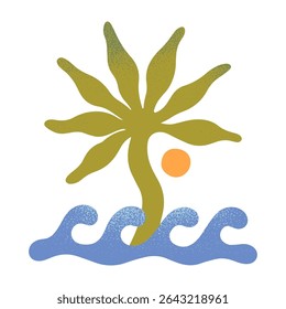 Summer beach,surf club illustration.Hand drawn ocean or sea waves with palm and sun.Modern graphic in simple style for banners,smm,branding,packaging, covers,prints.Retro summer vacation aesthetic