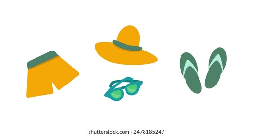 Summer beachwear and leisure accessories - brimmed hat, shorts, sunglasses and flip flops - vector flat illustration