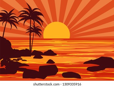 Summer beatiful sunset backgrounds coast seashore with mountaines stones beach, sun, palm trees, sky, horison. Vector illustration, isolated, template, baner, card, poster