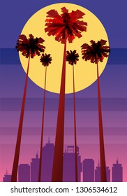 Summer beatiful sunset backgrounds with palms trees cityscape, sky horison. Vector illustration, isolated, template, baner, card, poster