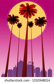 Summer beatiful sunset backgrounds with palms trees cityscape, sky horison dots pattern. Vector illustration, isolated, template, baner, card, poster