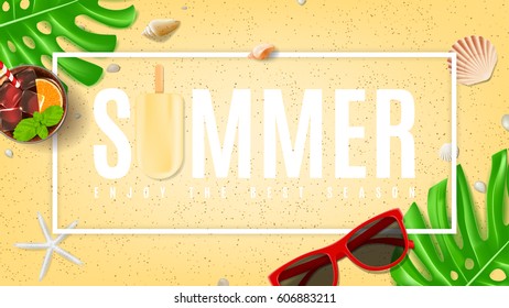 Summer beautiful background with seashells. Top view on composition with sun glasses, fresh cocktail and ice cream on sea sand. Vector illustration. Web banner of summer vacation.