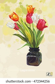 Summer Beautiful bouquet of tulips flowers. Spring floral design. Vector postcard with tulip flowers, eps8