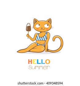 Summer beautiful card with cute cartoon cat in striped  bikini. Kitten  and ice cream. Vector image.