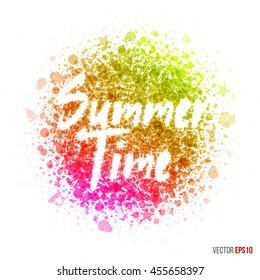 Summer beautiful design element for greeting card template layout with splash, particles and artistic explosion effect for party, holiday, festival and celebration concept. Red, yellow vector.