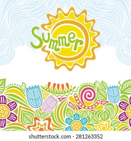 Summer beautiful floral pattern and sun vector illustration