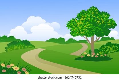 Summer beautiful landscape with grassland, tree and footpath