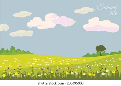Summer beautiful landscape, meadow, grass, flowers, vector illustration
