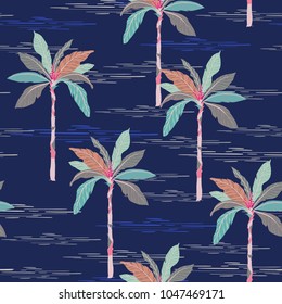 Summer Beautiful seamless island pattern on dark blue background. Landscape with palm trees,beach and ocean vector hand drawn style.