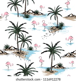 Summer Beautiful seamless island pattern on white background. Landscape with palm trees,beach ,flamingo birds and ocean vector hand drawn style.