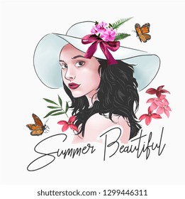 summer beautiful slogan with girl and flowers illustration