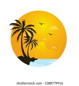 Summer beautiful sunset background template. Tropical beautiful sunset, palm, and beach.