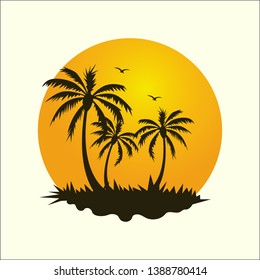 Summer beautiful sunset background template. Tropical beautiful sunset, palm, and beach.