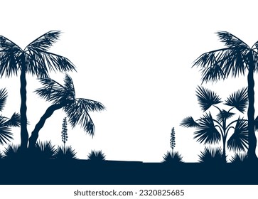 summer beautiful tropical black and white background with palm tree and flowers for screensaver, banner or poster. Vector illustration.