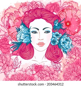 Summer beauty girl face. design elements colorful illustration. Vector