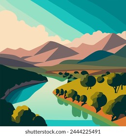 Paisaje de la belleza del verano con el río que fluye a través de las colinas y las montañas en la Ilustración vectorial de fondo 10 eps