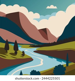 Summer beauty landscape with river flowing through hills and mountains on background Vector illustration  10 eps