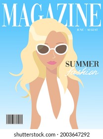 Summer beauty magazine cover template. Beautiful blond young tanned woman in white swimsuit on blue magazine cover. Fashion model magazine brochure design template. Colorful flat vector illustration.