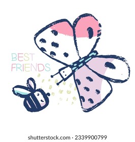 Summer bee and butterfly t-shirt cute print. Beach vacation kids design, honeybee nursery poster. Animal baby apparel vector. Hand drawn african with slogan. Best fiends.