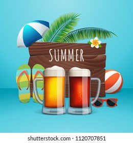 Summer beer poster. Two beer mugs on the summer background with wooden logo, palm trees, beach ball, umbrella, flip flops and sunglasses. Vector banner for beach bar.