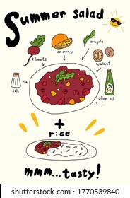 Summer beetroot salad recipe. Cooking food Ingredients. Hand drawn sketch. Vector cartoon infographic set.