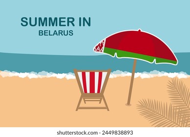 Summer in Belarus, beach chair and umbrella, vacation or holiday in Belarus, vacation concept vector design, summer holiday, sea sand sun, travel and tourism idea