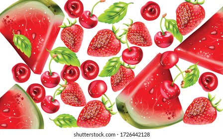 Composición de las bayas de verano con sandía, cereza y fresa. Vector