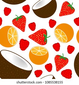 Summer berries and fruit vector seamless background. Coconut, strawberries, raspberries, oranges isolated on white